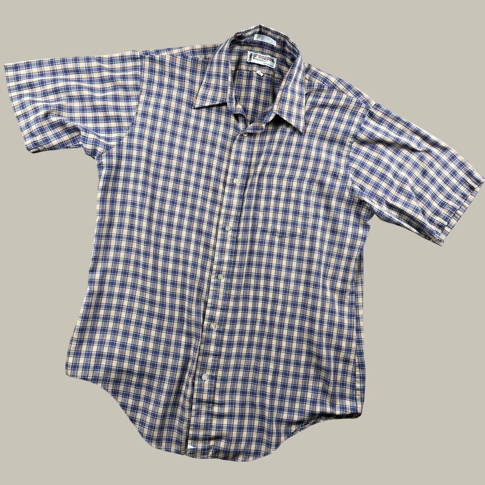 Vintage McGregor Bagpiper Button Down Shirt Mens L Blue Tan Plaid Short Sleeve